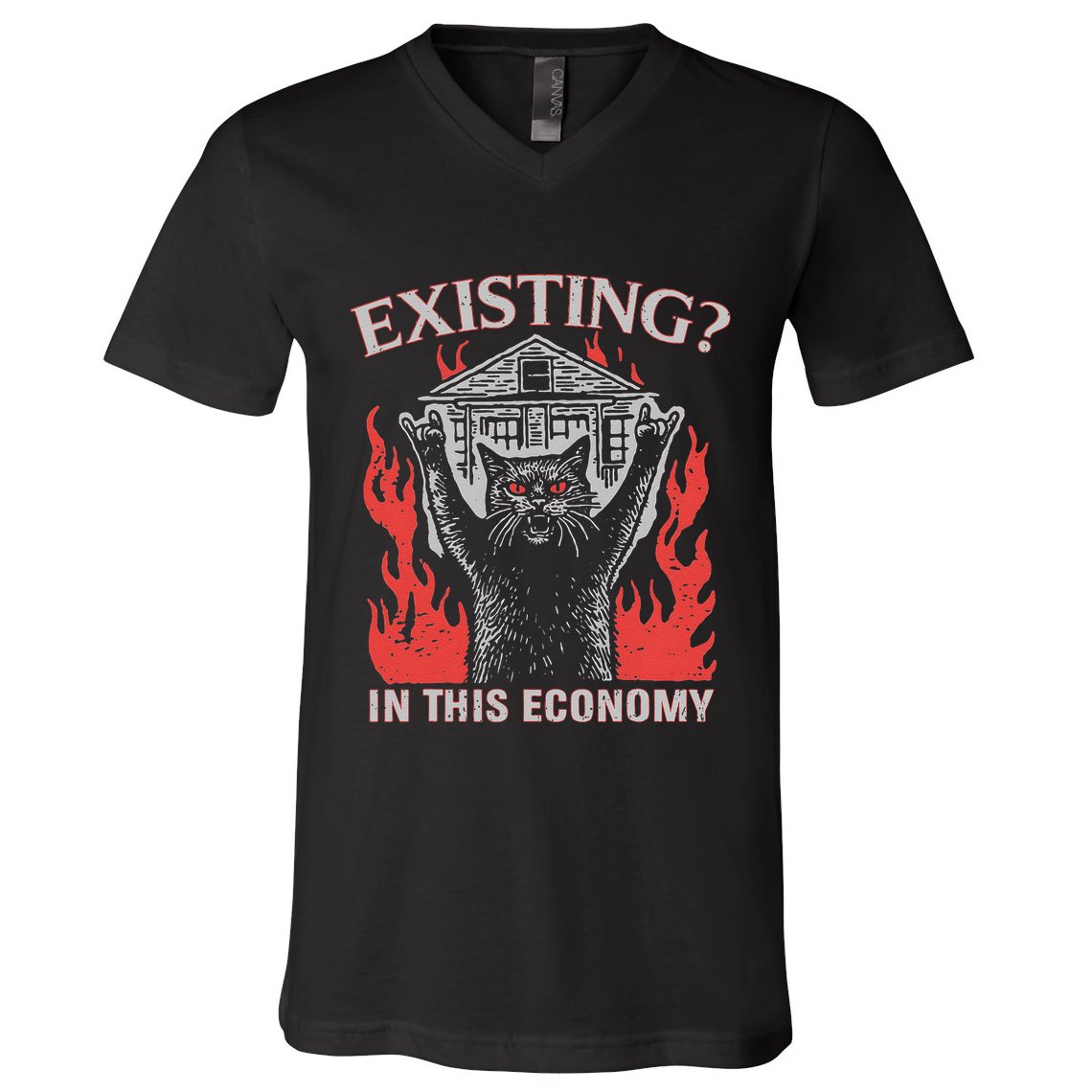Existing In This Economy Funny Cat Meme Humor Joke Sarcastic .Png V-Neck T-Shirt