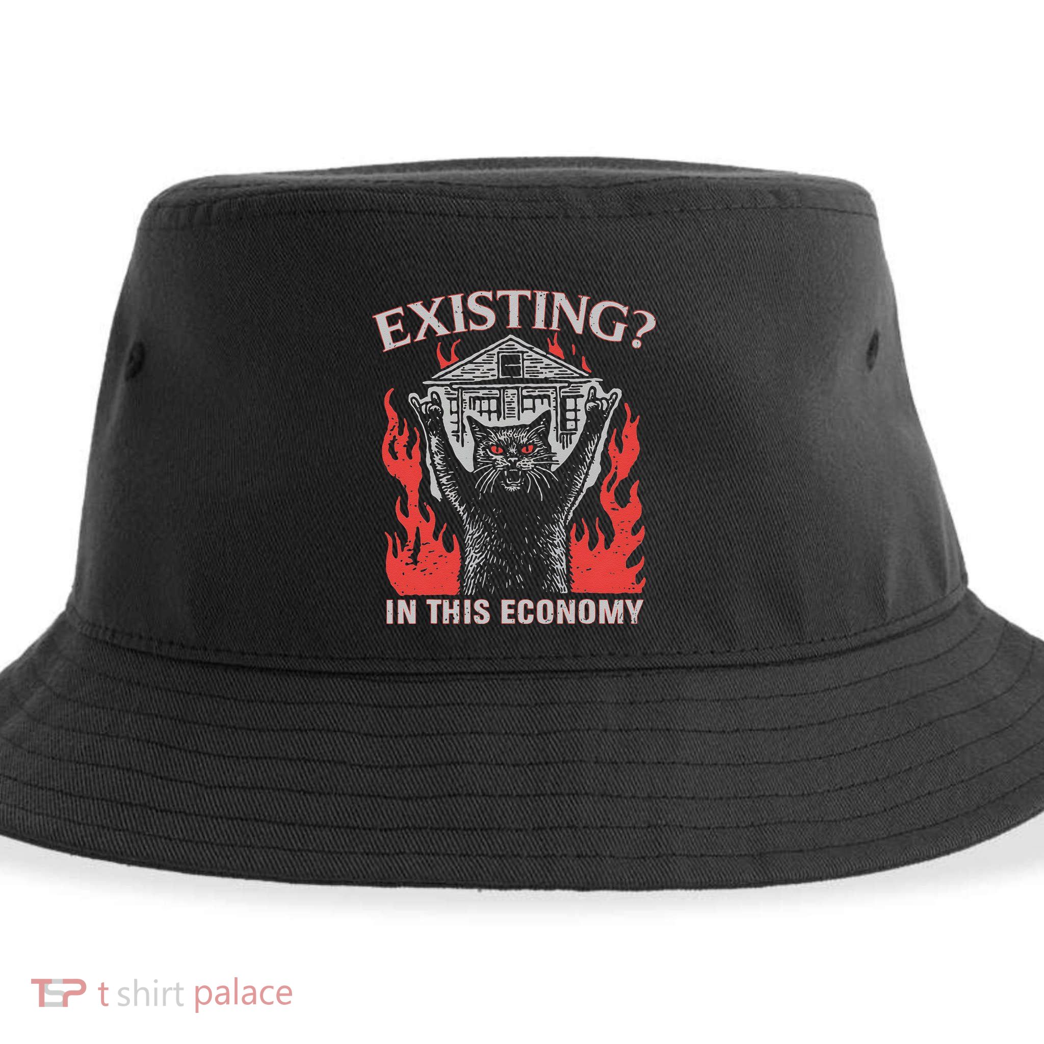 Existing In This Economy Funny Cat Meme Humor Joke Sarcastic .Png Sustainable Bucket Hat