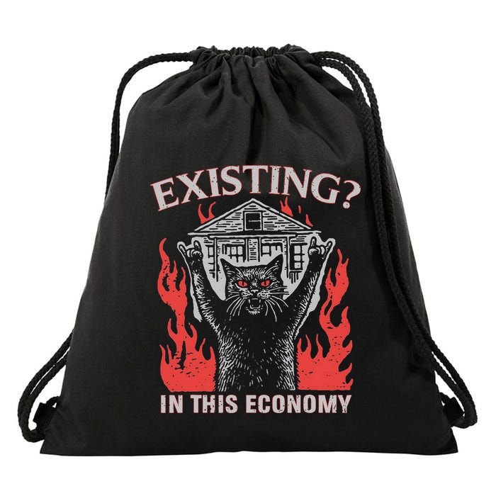 Existing In This Economy Funny Cat Meme Humor Joke Sarcastic .Png Drawstring Bag