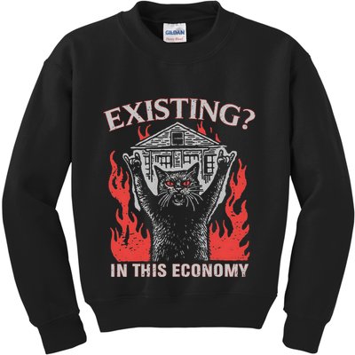 Existing In This Economy Funny Cat Meme Humor Joke Sarcastic .Png Kids Sweatshirt