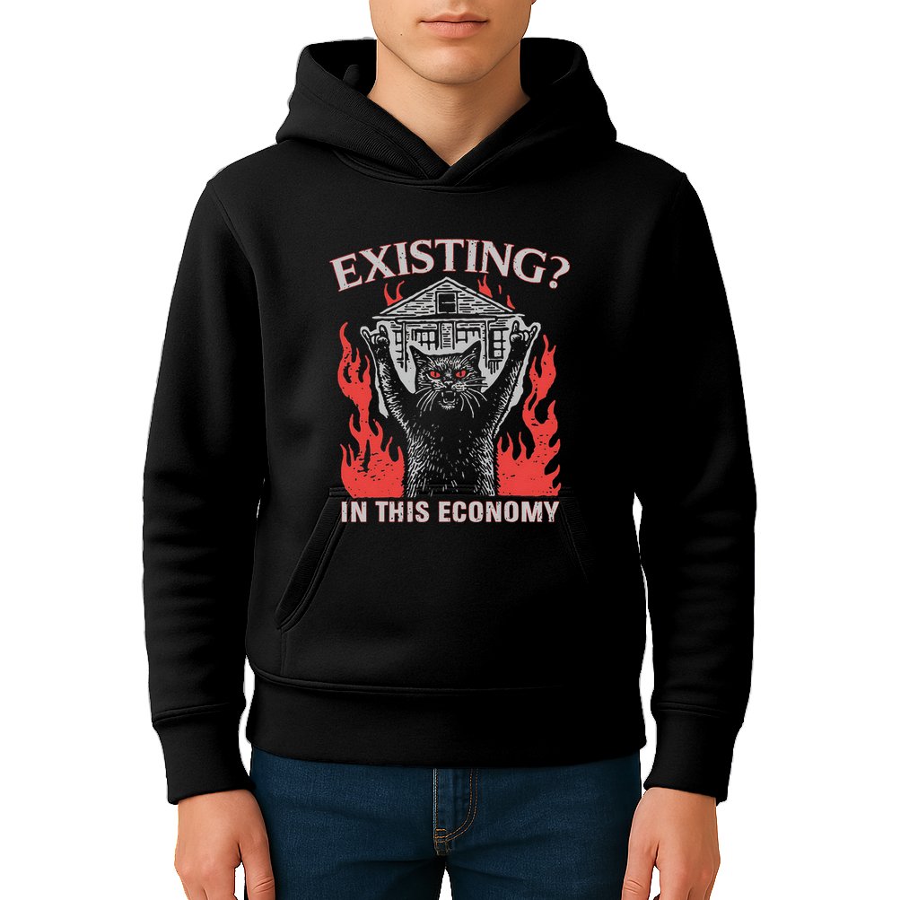 Existing In This Economy Funny Cat Meme Humor Joke Sarcastic .Png Kids Hoodie