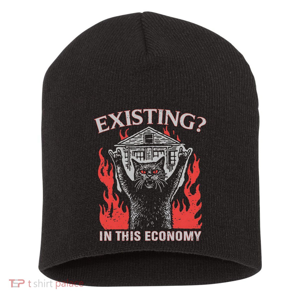 Existing In This Economy Funny Cat Meme Humor Joke Sarcastic .Png Short Acrylic Beanie