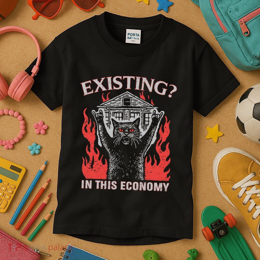 Existing In This Economy Funny Cat Meme Humor Joke Sarcastic .Png Kids T-Shirt
