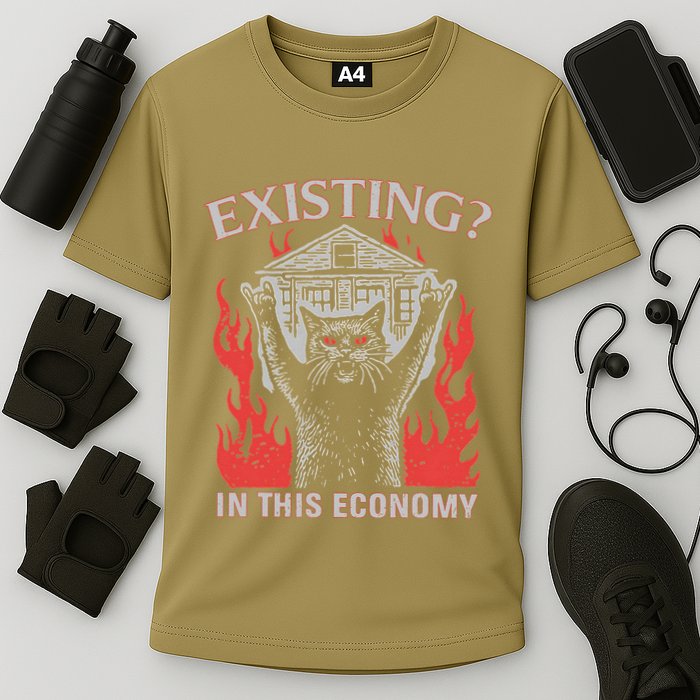 Existing In This Economy Funny Cat Meme Humor Joke Sarcastic .Png Cooling Performance Crew T-Shirt