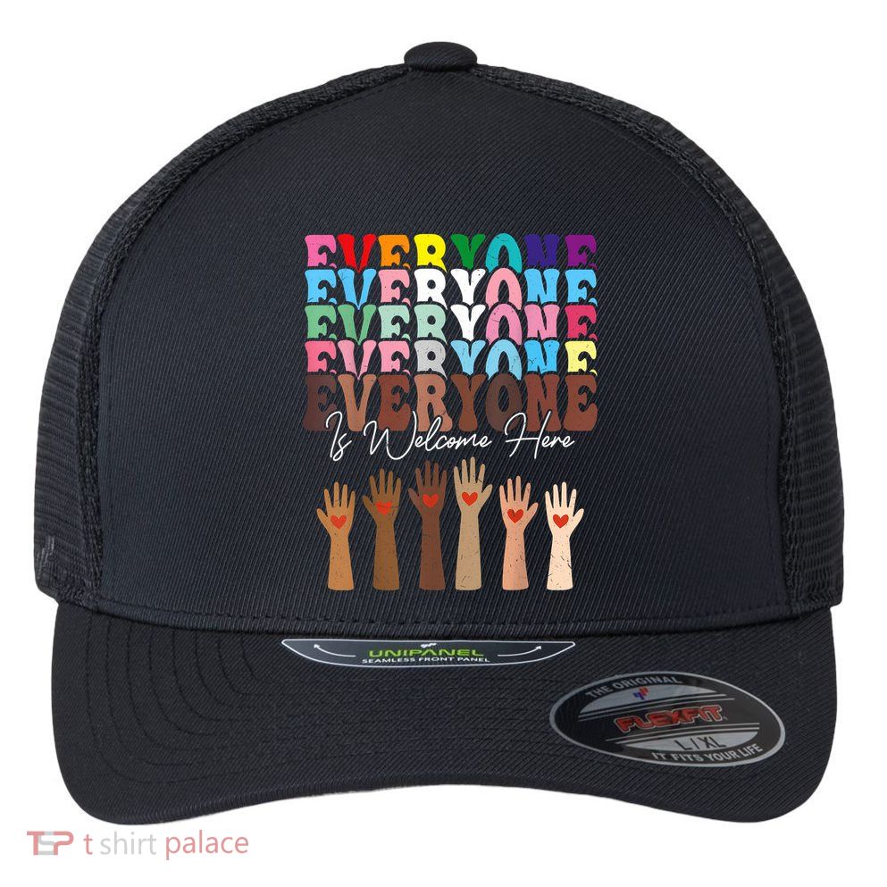 Everyone Is Welcome Here Retro Groovy Diversity Teachers Flexfit Unipanel Trucker Cap