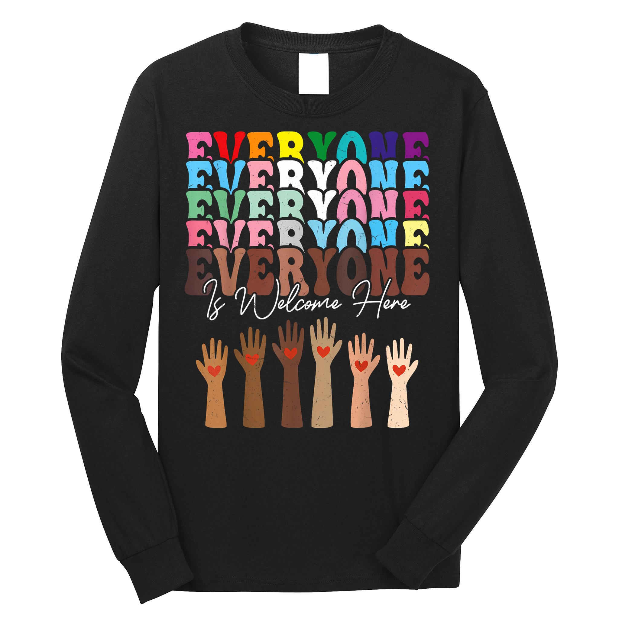 Everyone Is Welcome Here Retro Groovy Diversity Teachers Long Sleeve Shirt