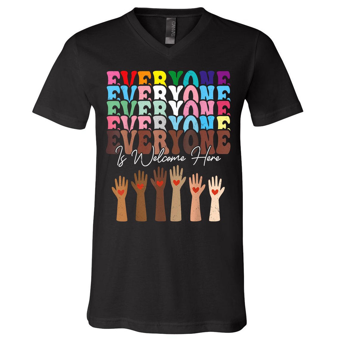 Everyone Is Welcome Here Retro Groovy Diversity Teachers V-Neck T-Shirt