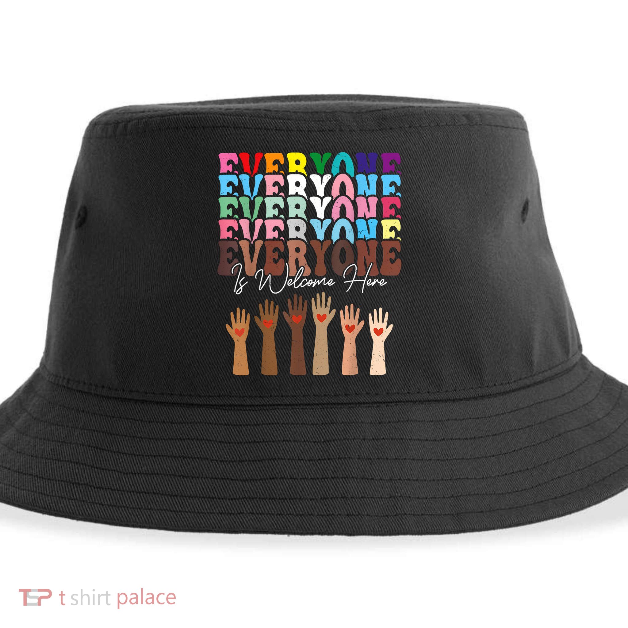 Everyone Is Welcome Here Retro Groovy Diversity Teachers Sustainable Bucket Hat