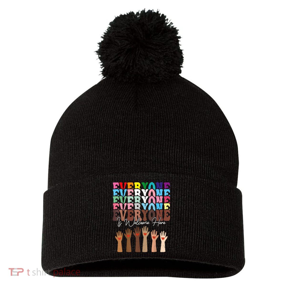 Everyone Is Welcome Here Retro Groovy Diversity Teachers Pom Pom 12in Knit Beanie