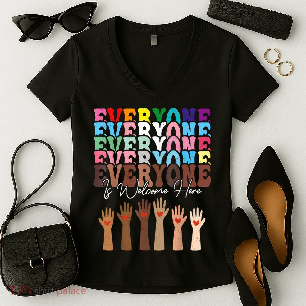 Everyone Is Welcome Here Retro Groovy Diversity Teachers Women's V-Neck T-Shirt