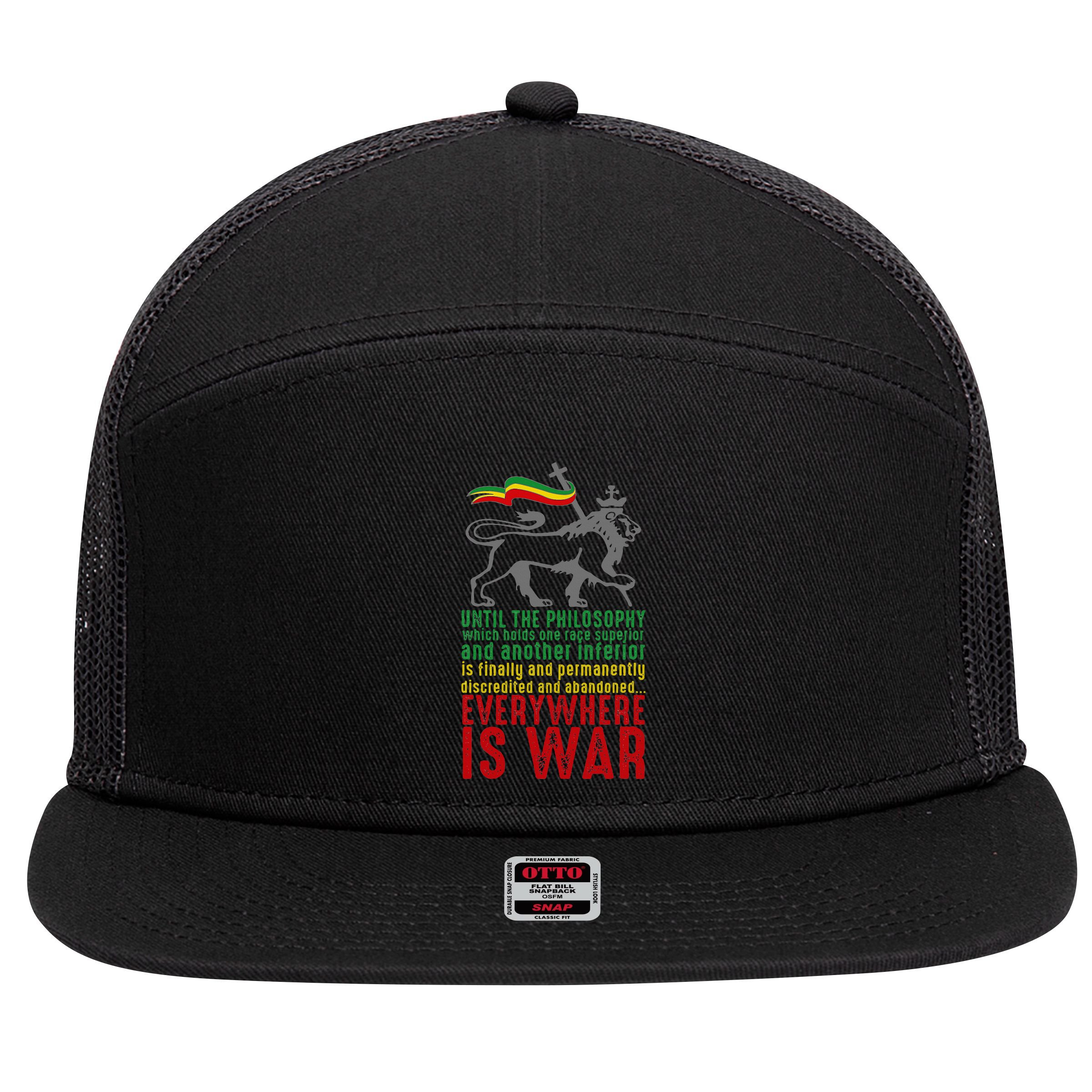 Everywhere Is War Haile Selassie Speech Judah Lion Reggae 7 Panel Mesh Trucker Snapback Hat
