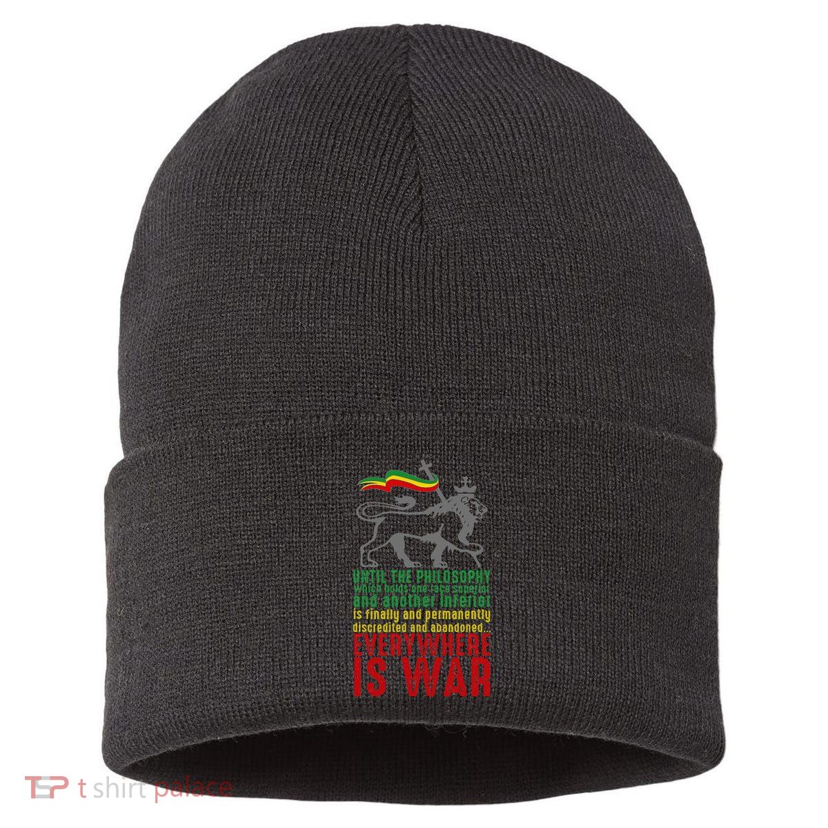 Everywhere Is War Haile Selassie Speech Judah Lion Reggae Sustainable Knit Beanie