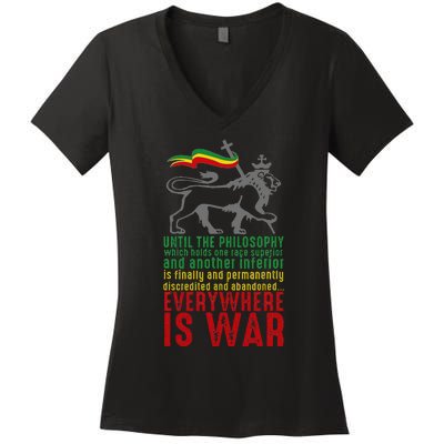 Everywhere Is War Haile Selassie Speech Judah Lion Reggae Women's V-Neck T-Shirt