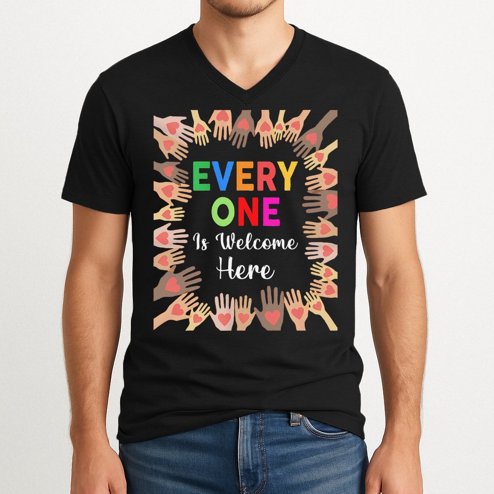 Everyone Is Welcome Here Hand Idaho Teacher V-Neck T-Shirt