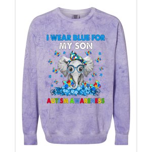 Elephant I Wear Blue For My Son Autism Awareness Cute Gift Colorblast Crewneck Sweatshirt