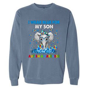 Elephant I Wear Blue For My Son Autism Awareness Cute Gift Garment-Dyed Sweatshirt