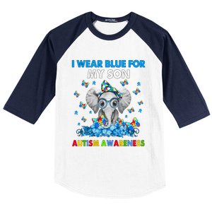 Elephant I Wear Blue For My Son Autism Awareness Cute Gift Baseball Sleeve Shirt