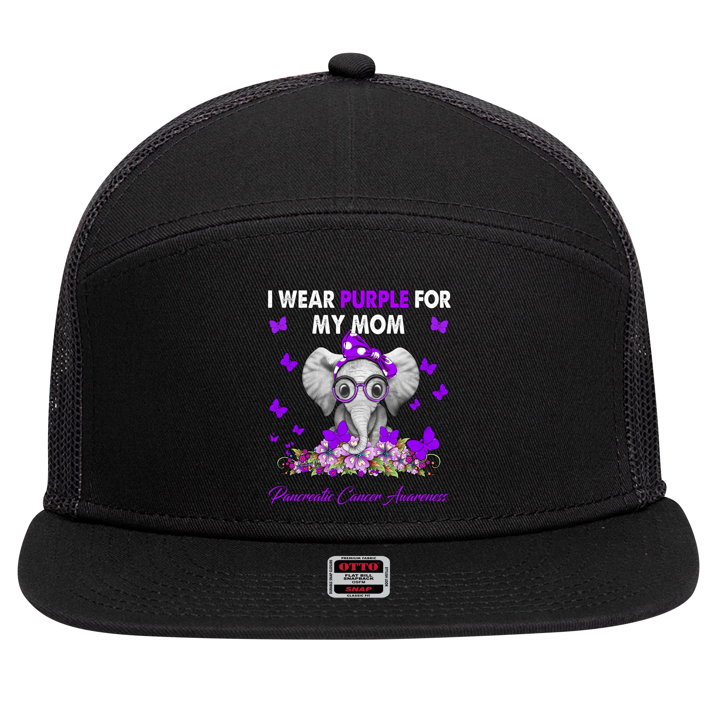 Elephant I Wear Purple For My Mom Pancreatic Cancer Cute Gift 7 Panel Mesh Trucker Snapback Hat