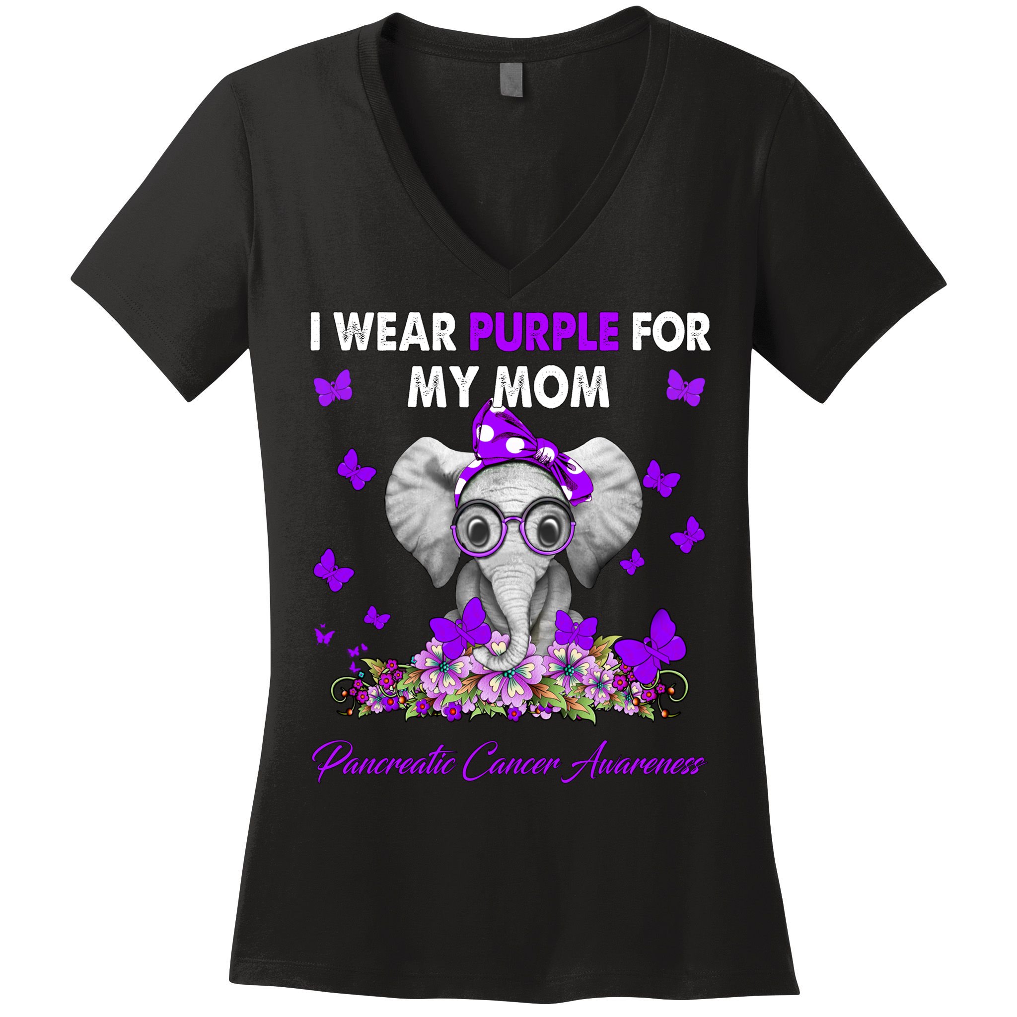 Elephant I Wear Purple For My Mom Pancreatic Cancer Cute Gift Women's V-Neck T-Shirt