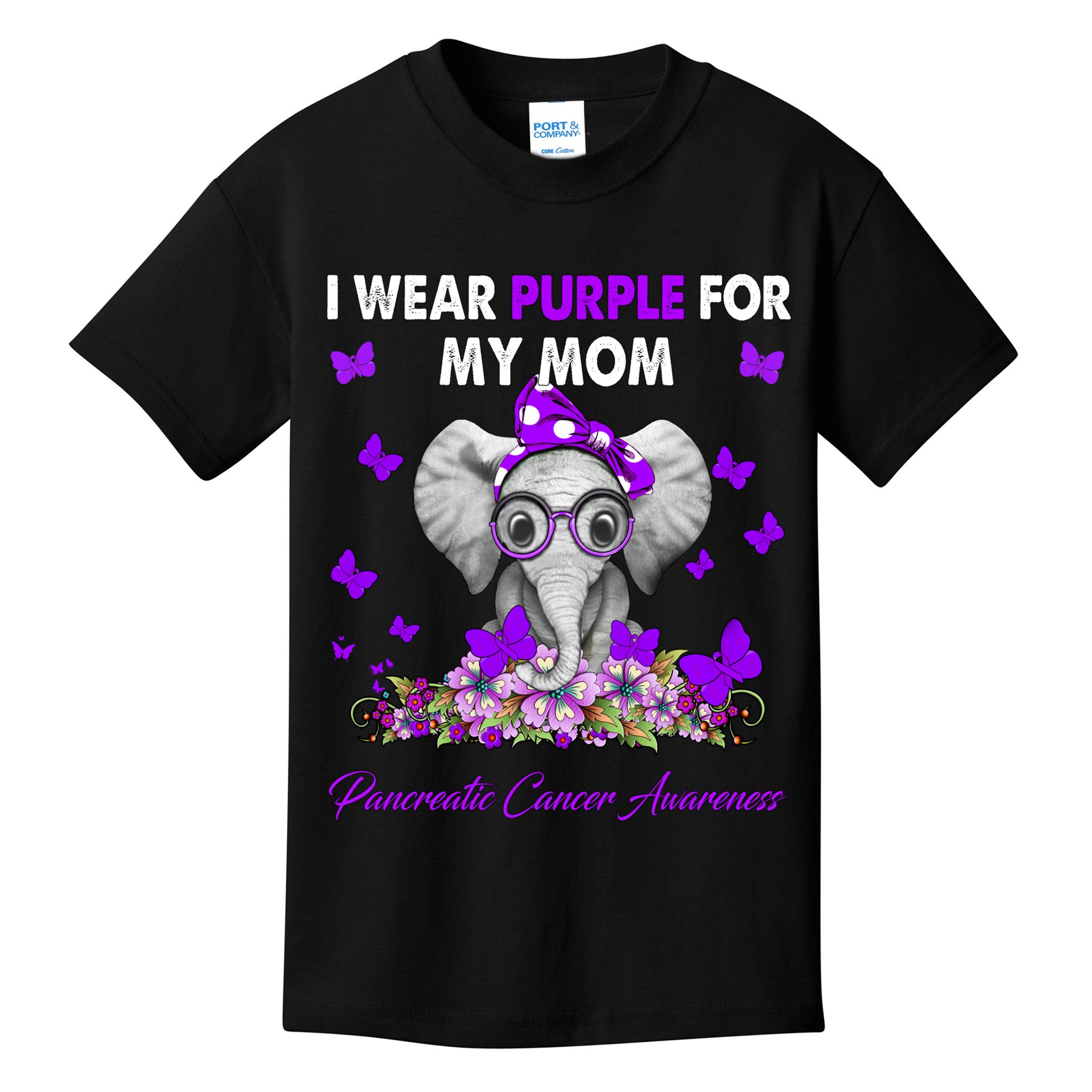 Elephant I Wear Purple For My Mom Pancreatic Cancer Cute Gift Kids T-Shirt