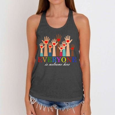 Everyone Is Welcome Here Idaho Teacher Support Lgbt Heart Women's Knotted Racerback Tank
