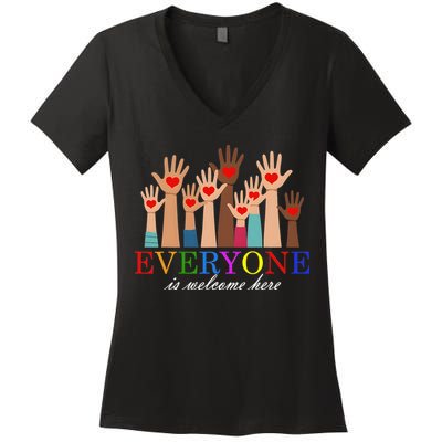 Everyone Is Welcome Here Idaho Teacher Support Lgbt Heart Women's V-Neck T-Shirt