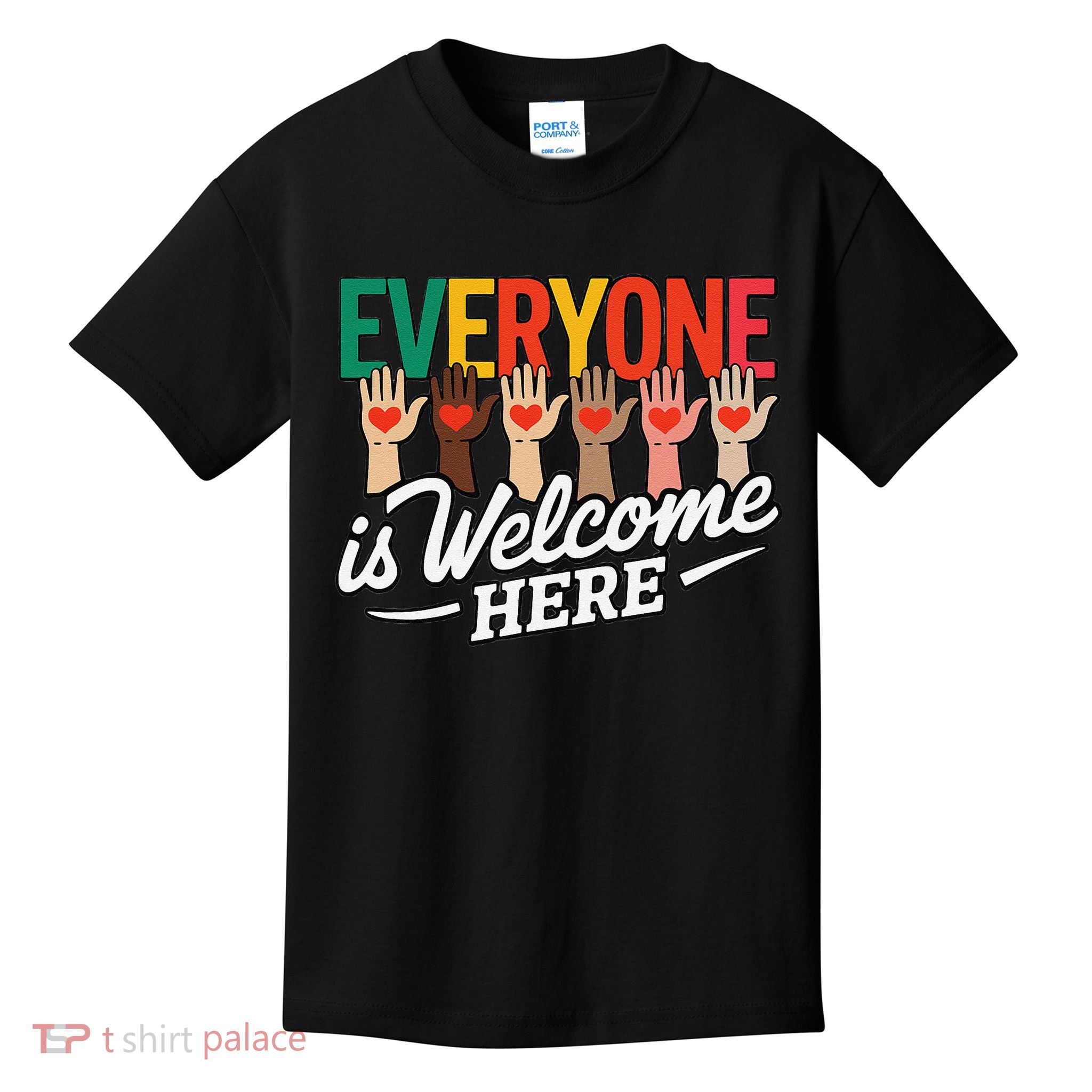 Everyone Is Welcome Here Hands Hearts Kids T-Shirt