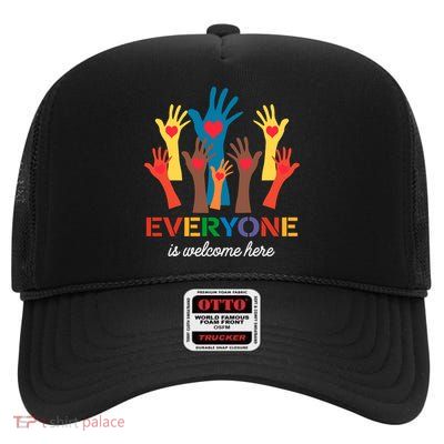 Everyone Is Welcome Here Idaho Teacher High Crown Mesh Back Trucker Hat