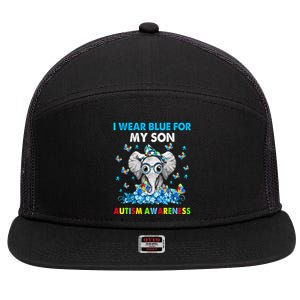 Elephant I Wear Blue For My Son Autism Awareness Cool Gift 7 Panel Mesh Trucker Snapback Hat