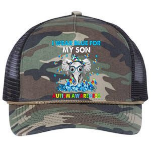 Elephant I Wear Blue For My Son Autism Awareness Cool Gift Retro Rope Trucker Hat Cap