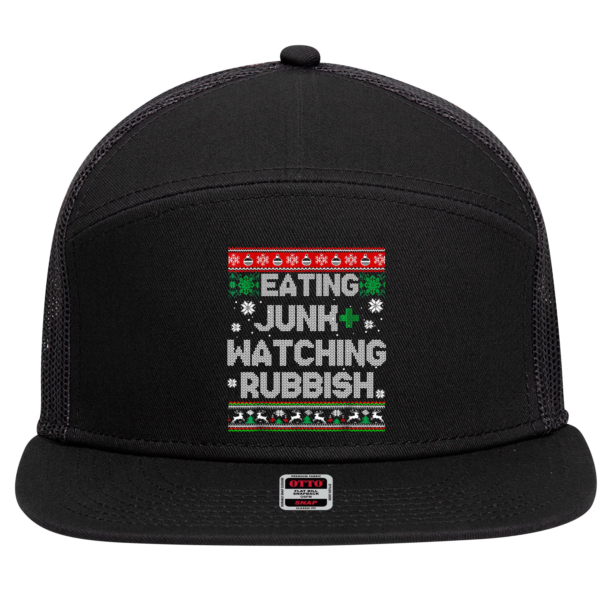 Eating Junk And Watching Rubbish Ugly Christmas Sweaters 7 Panel Mesh Trucker Snapback Hat