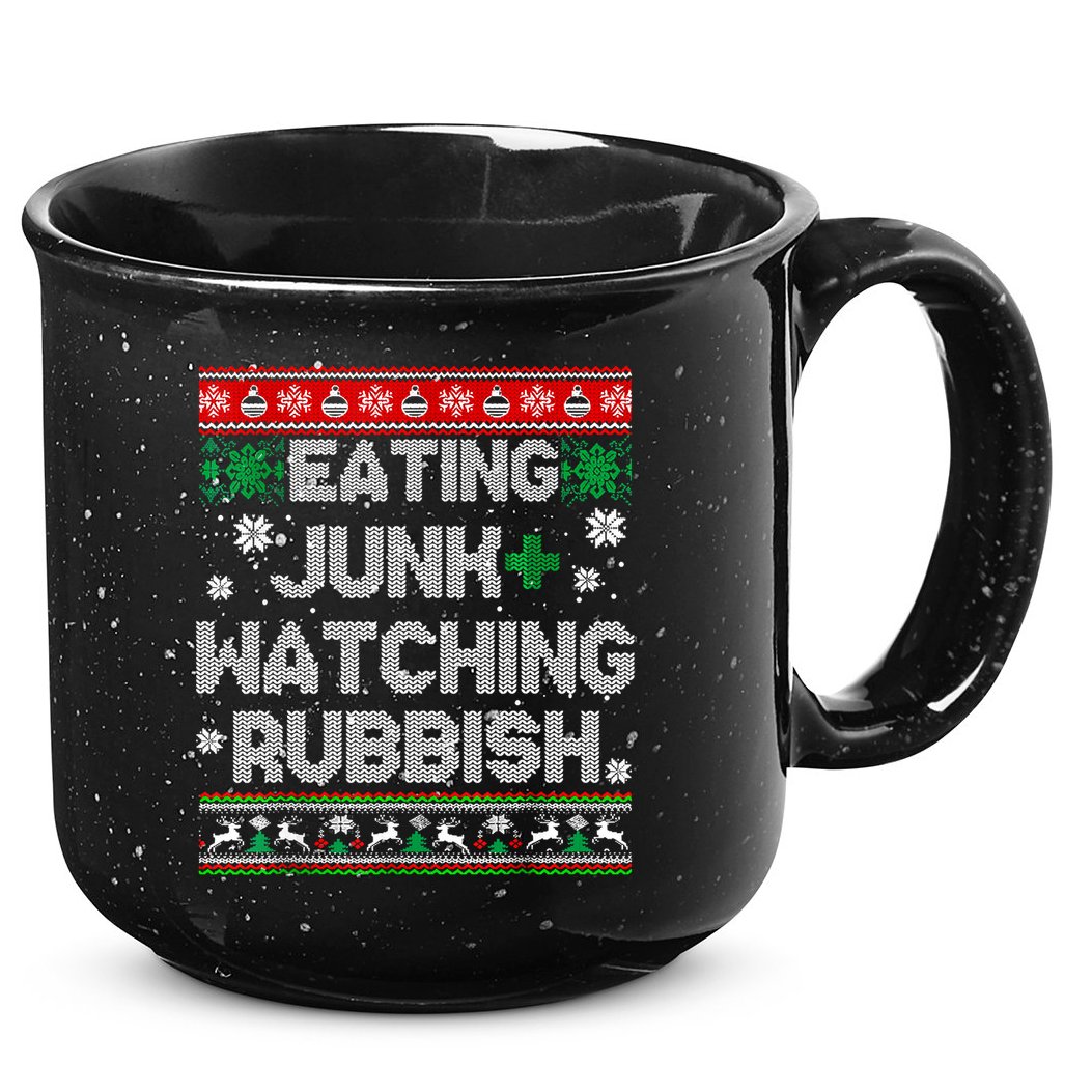 Eating Junk And Watching Rubbish Ugly Christmas Sweaters 15oz Campfire Ceramic Mug
