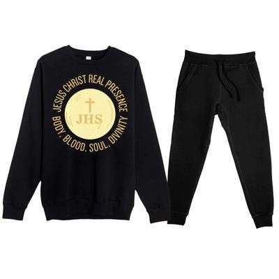 Eucharist Jesus Christ Presence Body Blood Soul Divinity Premium Crewneck Sweatsuit Set