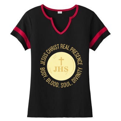 Eucharist Jesus Christ Presence Body Blood Soul Divinity Ladies Halftime Notch Neck Tee