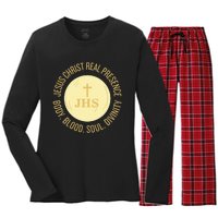 Eucharist Jesus Christ Presence Body Blood Soul Divinity Women's Long Sleeve Flannel Pajama Set 