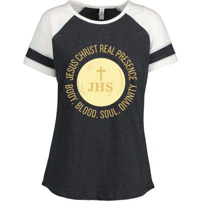 Eucharist Jesus Christ Presence Body Blood Soul Divinity Enza Ladies Jersey Colorblock Tee