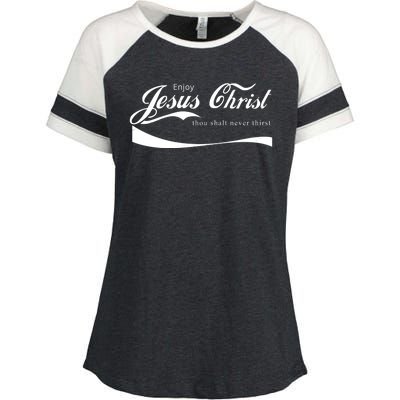 Enjoy Jesus Christ Thou Shalt Never Thirst Enza Ladies Jersey Colorblock Tee