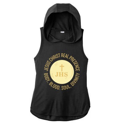 Eucharist Jesus Christ Presence Body Blood Soul Divinity Ladies PosiCharge Tri-Blend Wicking Draft Hoodie Tank