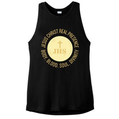 Eucharist Jesus Christ Presence Body Blood Soul Divinity Ladies PosiCharge Tri-Blend Wicking Tank