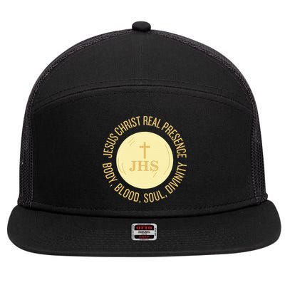Eucharist Jesus Christ Presence Body Blood Soul Divinity 7 Panel Mesh Trucker Snapback Hat