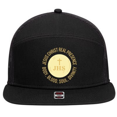 Eucharist Jesus Christ Presence Body Blood Soul Divinity 7 Panel Mesh Trucker Snapback Hat