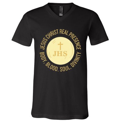 Eucharist Jesus Christ Presence Body Blood Soul Divinity V-Neck T-Shirt