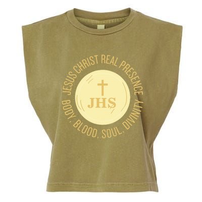 Eucharist Jesus Christ Presence Body Blood Soul Divinity Garment-Dyed Women's Muscle Tee