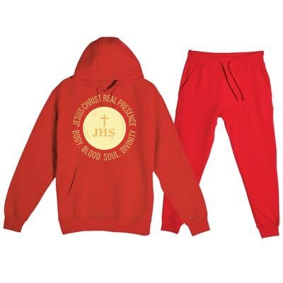 Eucharist Jesus Christ Presence Body Blood Soul Divinity Premium Hooded Sweatsuit Set