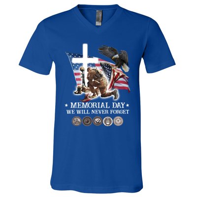 Eagle Jesus Cross Memorial Day We Will Never Forget Gift V-Neck T-Shirt