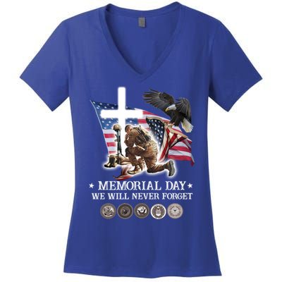 Eagle Jesus Cross Memorial Day We Will Never Forget Gift Women's V-Neck T-Shirt