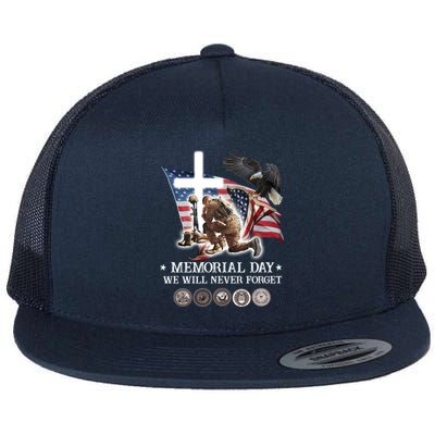 Eagle Jesus Cross Memorial Day We Will Never Forget Gift Flat Bill Trucker Hat