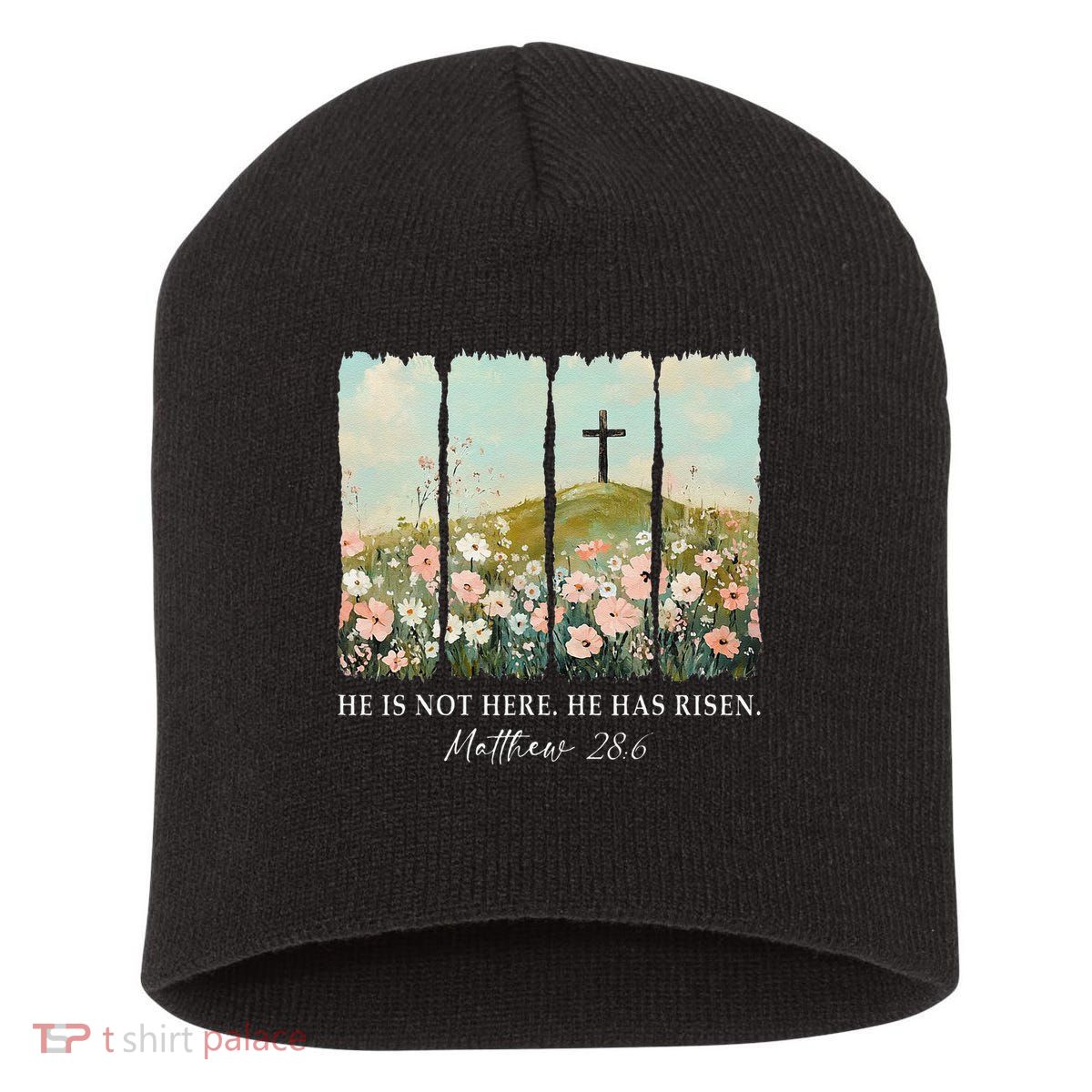 Easter Jesus He Is Not Here He Has Risen Wildflower Spring Short Acrylic Beanie