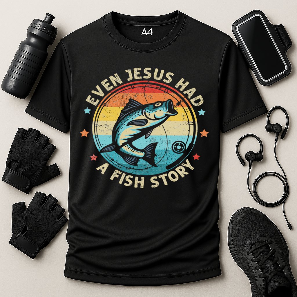 Even Jesus Has A Fish Story Christian Fisherman Funny Retro Cooling Performance Crew T-Shirt