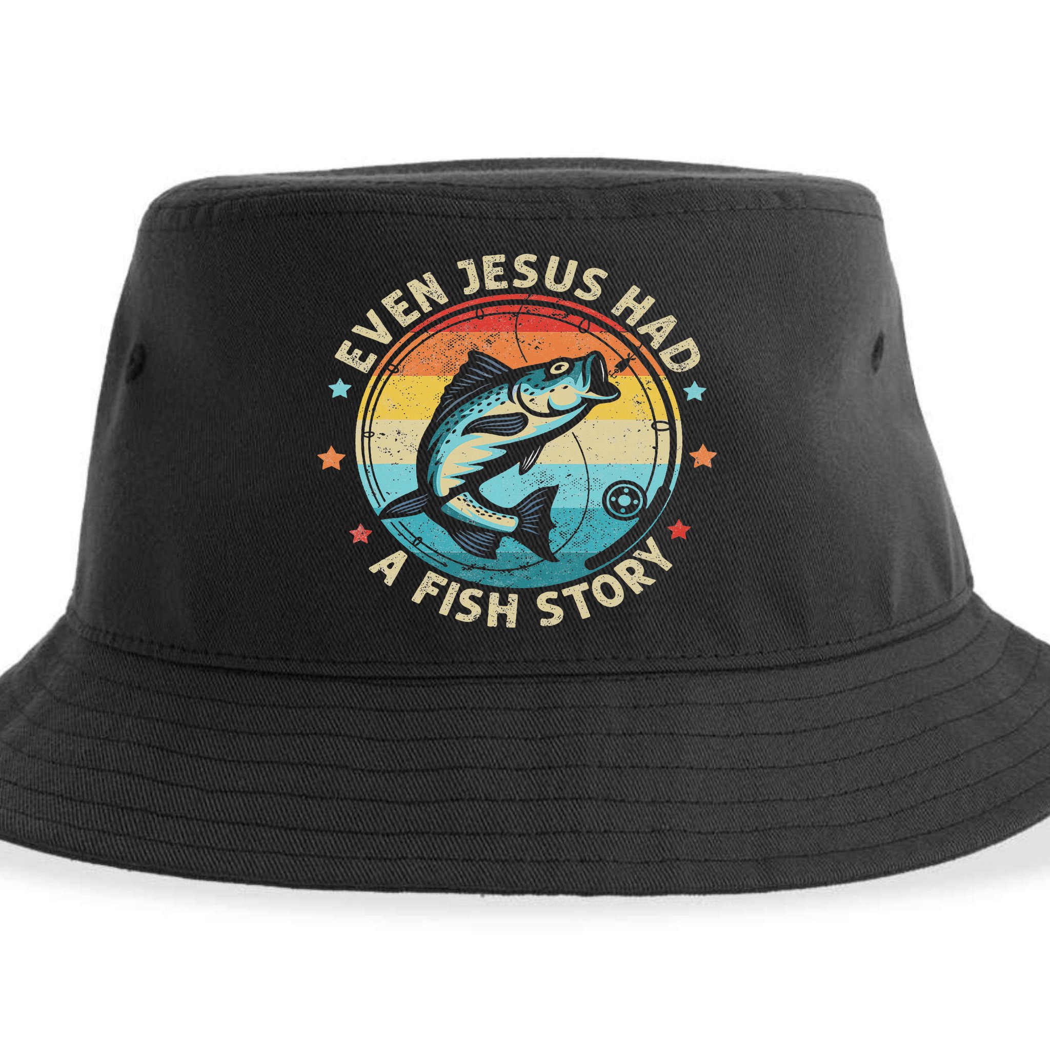 Even Jesus Has A Fish Story Christian Fisherman Funny Retro Sustainable Bucket Hat